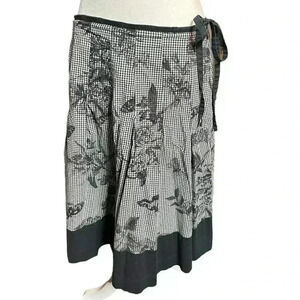 Talbots Black White Gingham Check Floral Butterfly Pleated Cotton Skirt
